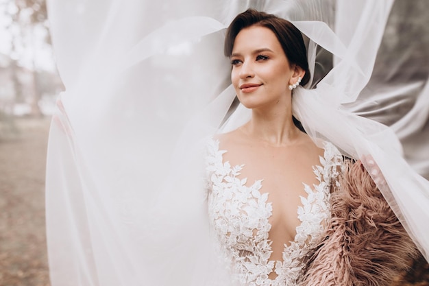 Un bellissimo ritratto della sposa sotto un velo donna elegante con trucco professionale e acconciatura una foto delle mani delicate della sposa nascoste sotto un velo giorno del matrimonio matrimonio sposa alla moda