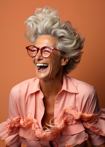 Photo beautiful portrait for caucasian elderly senior woman with glasses in pink shirt is smiling happy