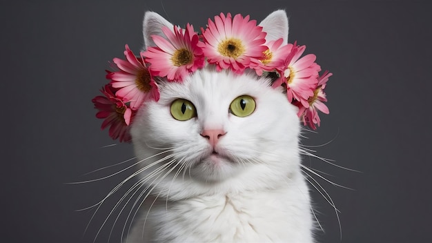 Beautiful portrait of a charming white cat wearing a crown of pink flowers on gray