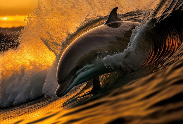 Beautiful portrait of a dolphin jumping from water at the sunset time Yellow and black tones Golden moment Generative AI