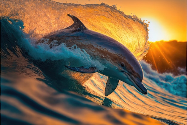 Bellissimo ritratto di un delfino che salta dall'acqua al tramonto toni gialli e neri momento d'oro ia generativa