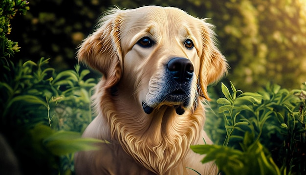 A beautiful portrait of a Golden Retriever dog in a beautiful garden