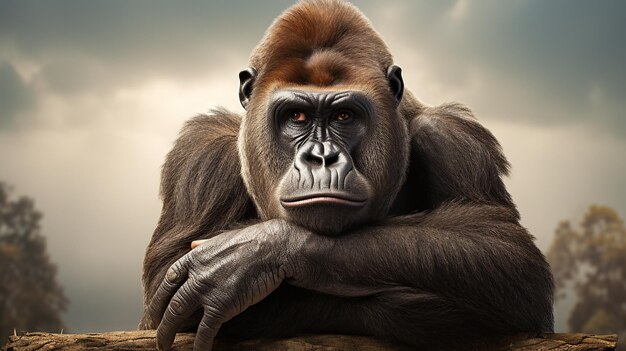 Photo beautiful portrait of a gorilla male gorilla on black background severe silver back anthropoid ape