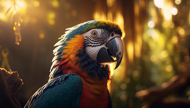 Photo beautiful portrait of a macaw in a forest with magical sunrays in the background generative ai