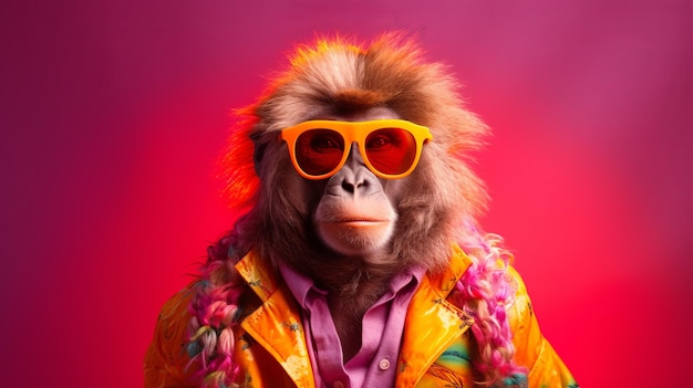 Красивый портрет обезьяны дизайн Счастливый красивый фон Модный плакат Изолированное улыбающееся лицо Цветной фон Модный стиль