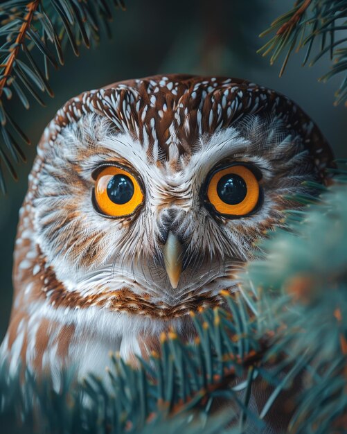 Photo beautiful portrait northern sawwhet owl bird in a background wildlife forest