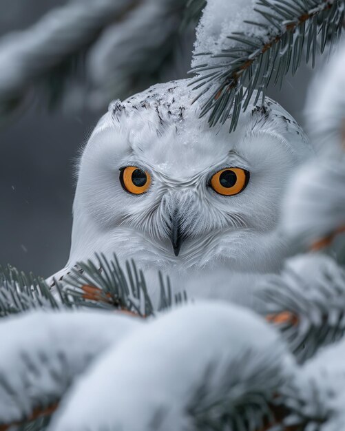 Beautiful portrait Polar owl bird in a background wildlife forest Close up white Snowy owl