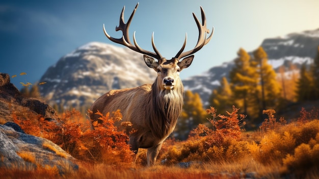 beautiful portrait of a reindeer amidst an idyllic autumn scene its confident stride accentuated by fallen autumn leaves