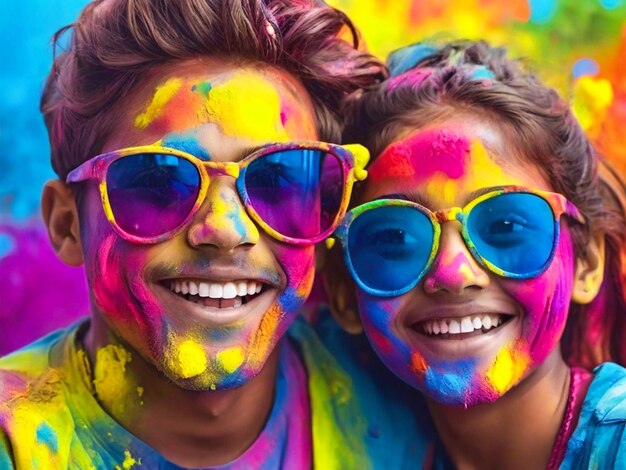 Foto un bellissimo ritratto di un giovane ragazzo sorridente e una ragazza che indossa occhiali da sole coperti di holi ai generat