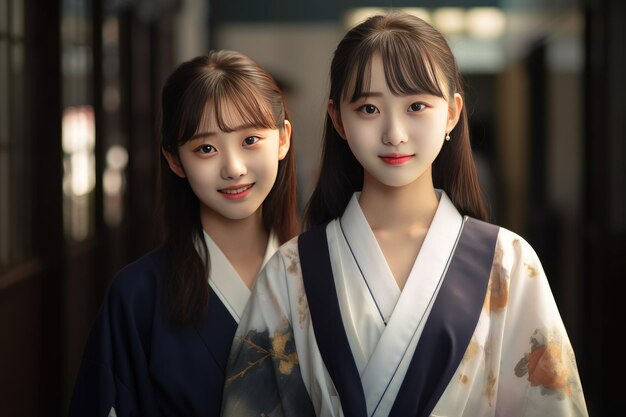 A beautiful portrait of two Japanese girls dressed in kimonos against the backdrop of a modern city