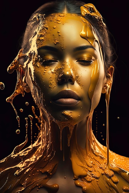 A beautiful portrait of a woman covered with dripping liquid gold AI Generated