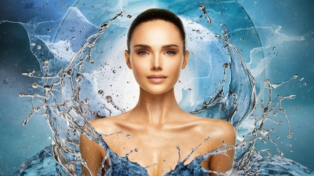 Красивый портрет женщины со свежей кожей в брызгах воды в голубом пространстве