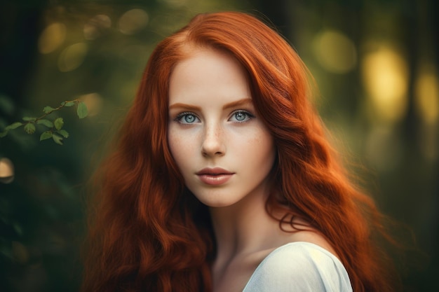 Beautiful portrait of a woman with long red hair soft features