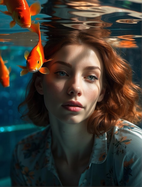 Beautiful portrait of a woman with shadow in her face behind an aquarium with koi fish