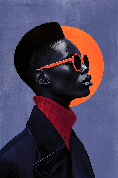 Beautiful portrait of young african man Pop art painting with orange dot on purple background for concept design