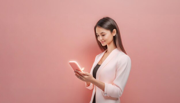 写真 ピンクの背景にスマートな携帯電話を使用している美しい肖像画のアジアの若いビジネス女性
