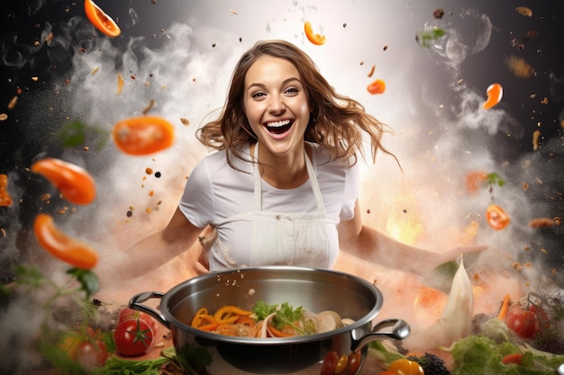 Beautiful positive girl prepares a delicious healthy dish