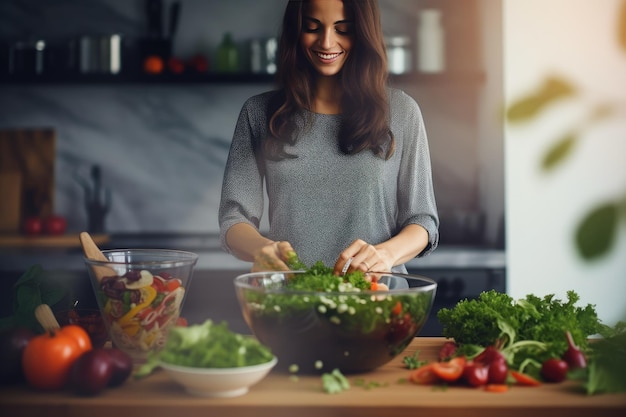 Beautiful positive girl prepares a delicious healthy dish