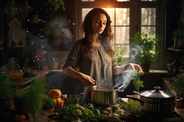 Beautiful positive girl prepares a delicious healthy dish