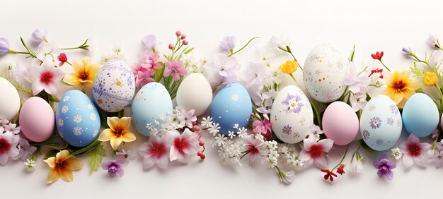 Beautiful postcard with easter decoration and painted colorful easter eggs Banner