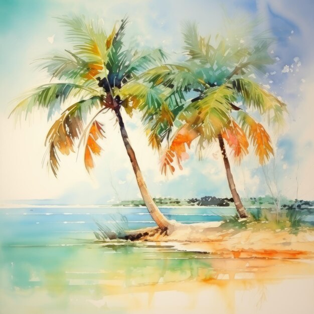 Beautiful poster drawn in watercolor style Summer landscape desert island palm trees sea sand rest relaxation