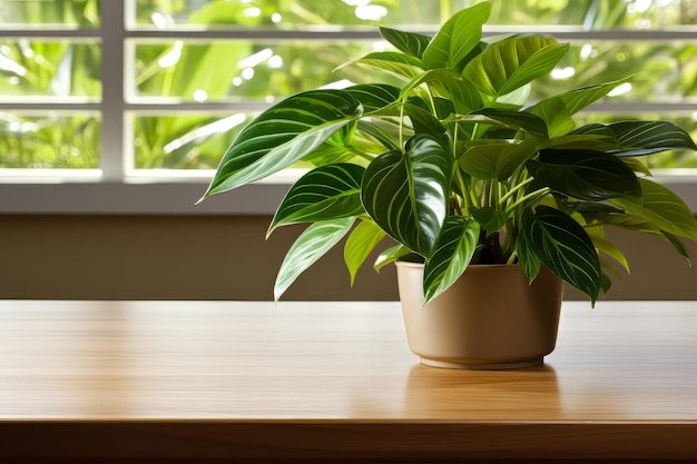 A beautiful potted plant on a rustic wooden table