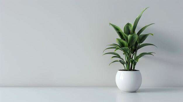 Photo a beautiful potted plant sits on a solid white table against a white background the plant has long green leaves and is in a white pot