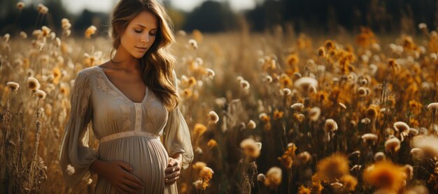 beautiful pregnant girl in a field with flowers Generative AI