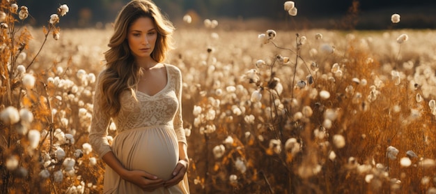 beautiful pregnant girl in a field with flowers Generative AI