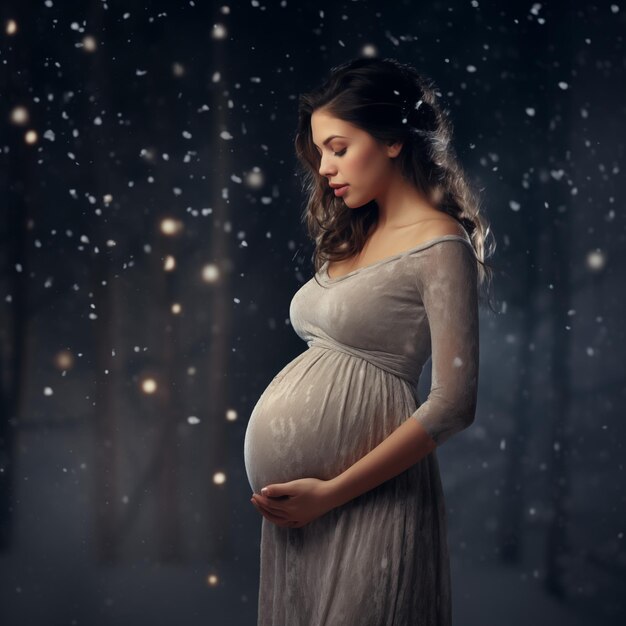 Beautiful pregnant woman in the dark room with falling snow