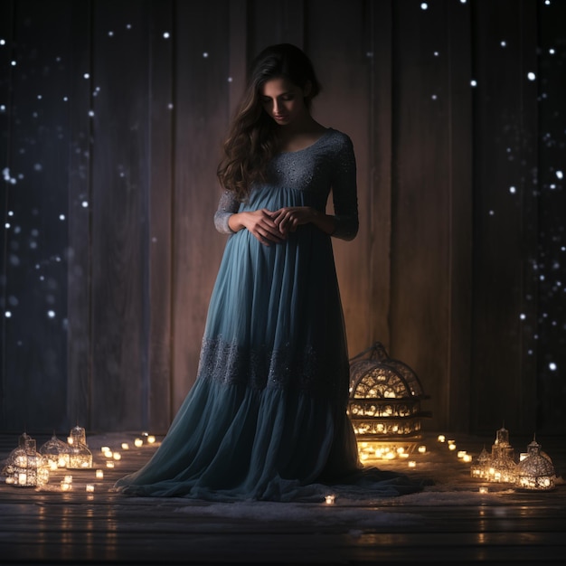 Beautiful pregnant woman in the dark room with falling snow