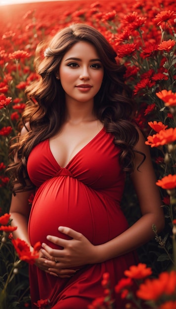 A beautiful pregnant woman in a field of flowers with a pregnant woman in a red dress