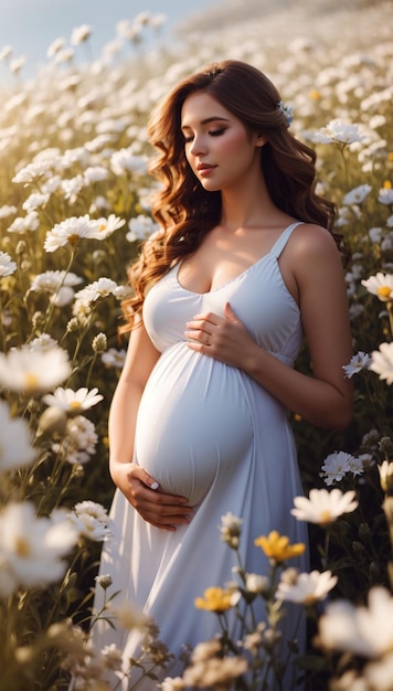 A beautiful pregnant woman in a field of flowers with a pregnant woman in a white dress