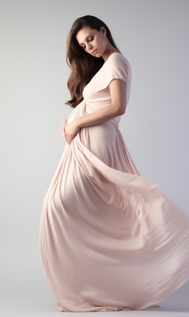 Photo beautiful pregnant woman hugging her tummy woman in dress holding her belly gently standing on white