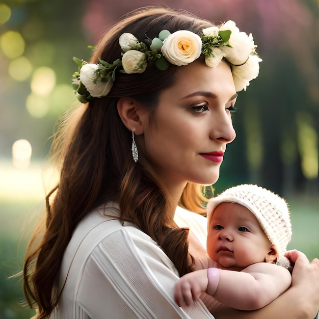 A beautiful pregnant woman is holding a baby and the woman is wearing a flower crown