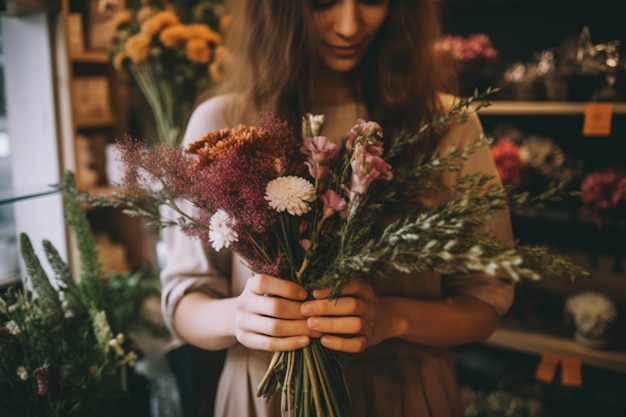 Beautiful pregnant woman in pink dress poses with colorful red bouquet High quality photo