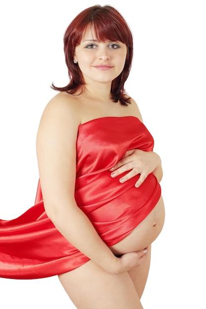 Beautiful pregnant woman in the red cloth