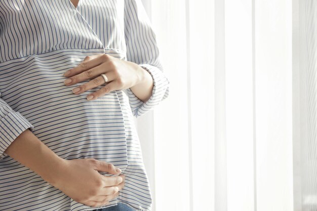 Beautiful pregnant woman standing near window at home closeup