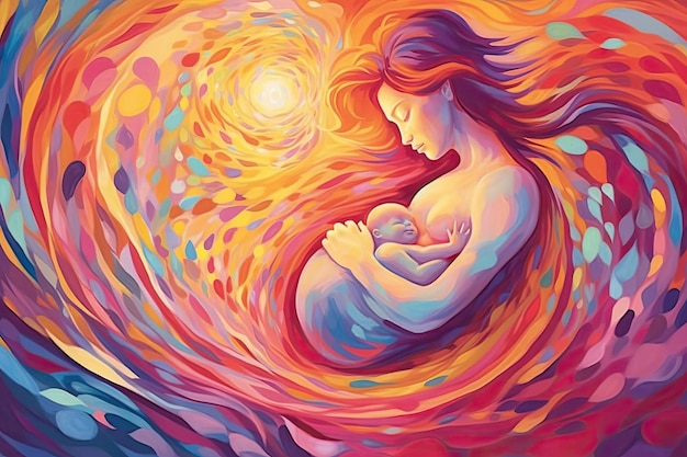 Foto bella donna incinta con il suo bambino in braccio illustrazione vettoriale colorata ia generativa