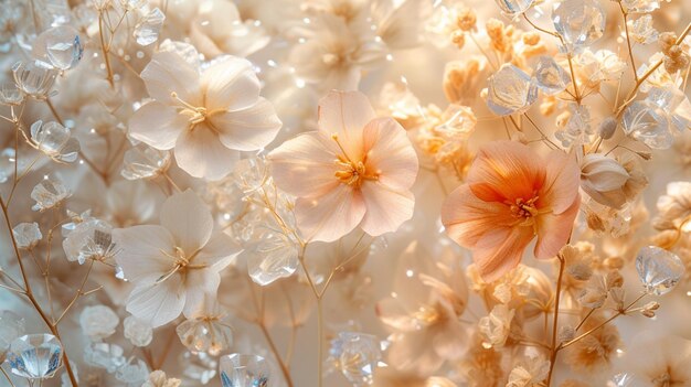 Photo beautiful pressed dried flowers and clear crystals