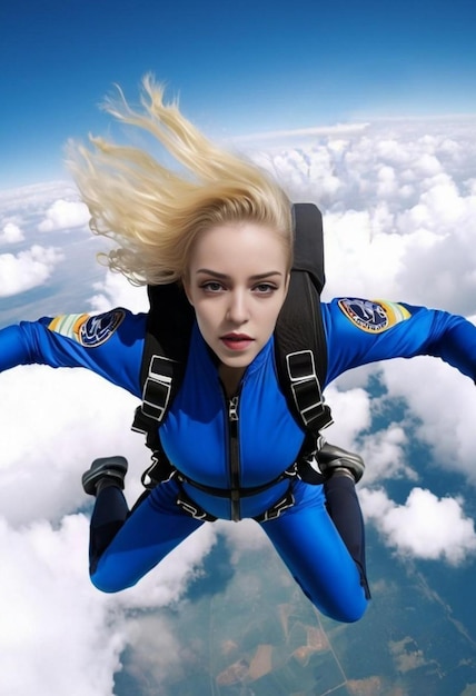 Photo beautiful pretty cute skydiver girl in blue suit