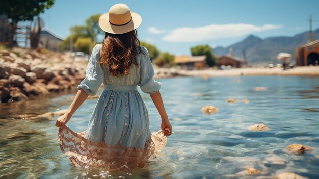 A beautiful pretty young lady walking backward to the camera at the beach water with frock and hat