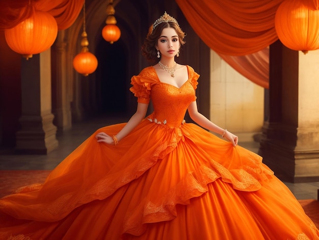 Красивая принцесса в оранжевом платье на фоне