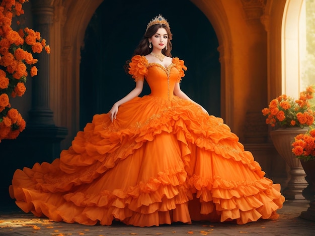 Beautiful princess dressed in orange dress background