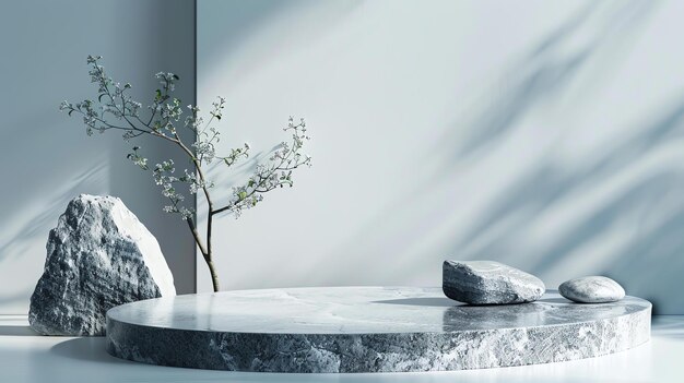 A beautiful product display with a marble podium rocks and a delicate plant