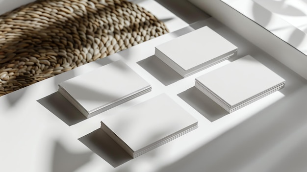 A beautiful product photography image of a stack of blank business cards on a solid white background with shadows from a nearby plant