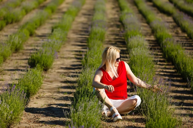 Beautiful provence woman relaxing in lavender field watching on sunset holding basket with lavanda flowers. blond lady in blossom field