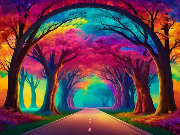 Photo beautiful psychedelic looking tunnel with trees and white sky illustration ai generate image