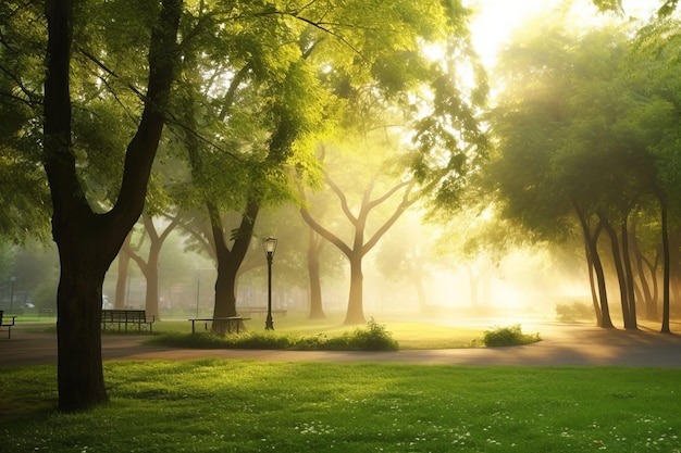 Beautiful public park with green grass field on morning light Created with Generative AI technology