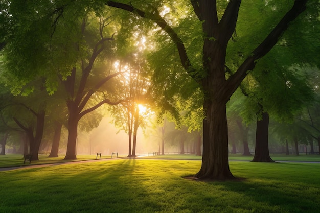 아침 햇살에 푸른 잔디밭이 있는 아름다운 공공 공원 Generative AI 기술로 생성